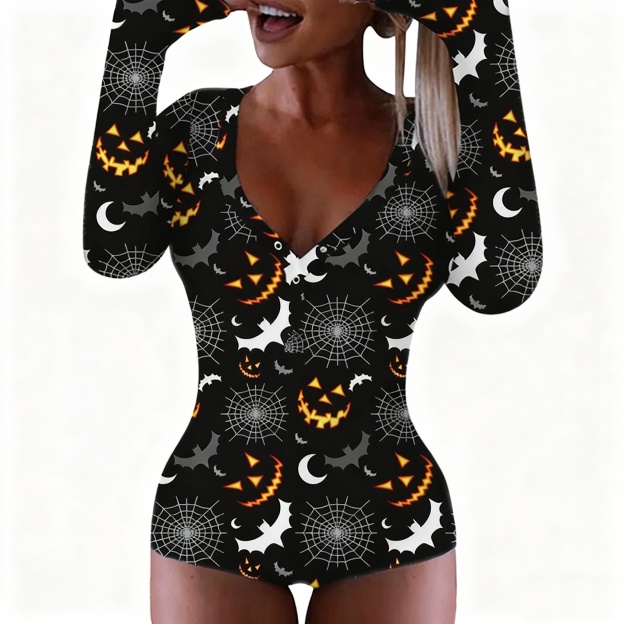 Halloween Print Long Sleeve Sexy V-Neck Button Bodysuit