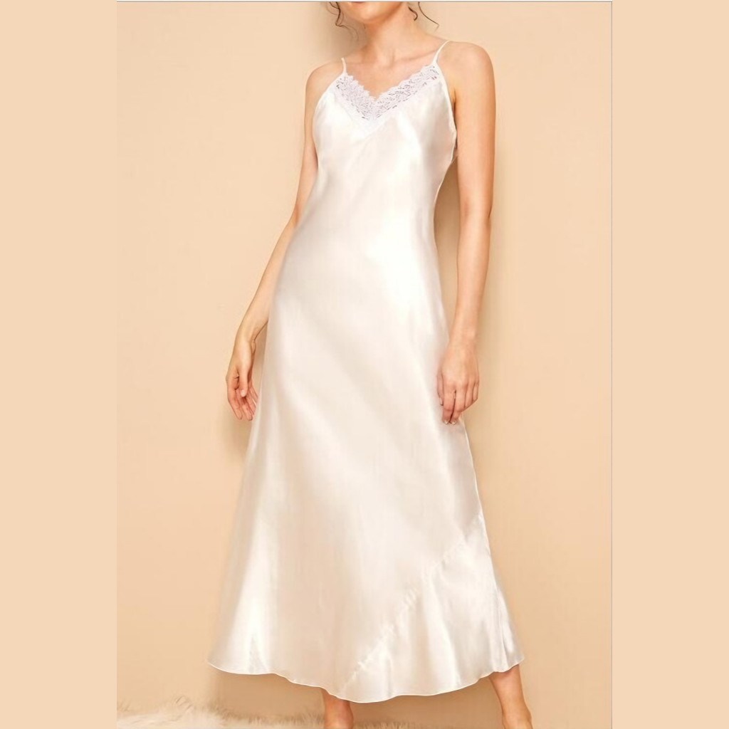 Solid Color Satin Spaghetti Strap Long Nightgown for Women - Sexy Lace Sleep Dress