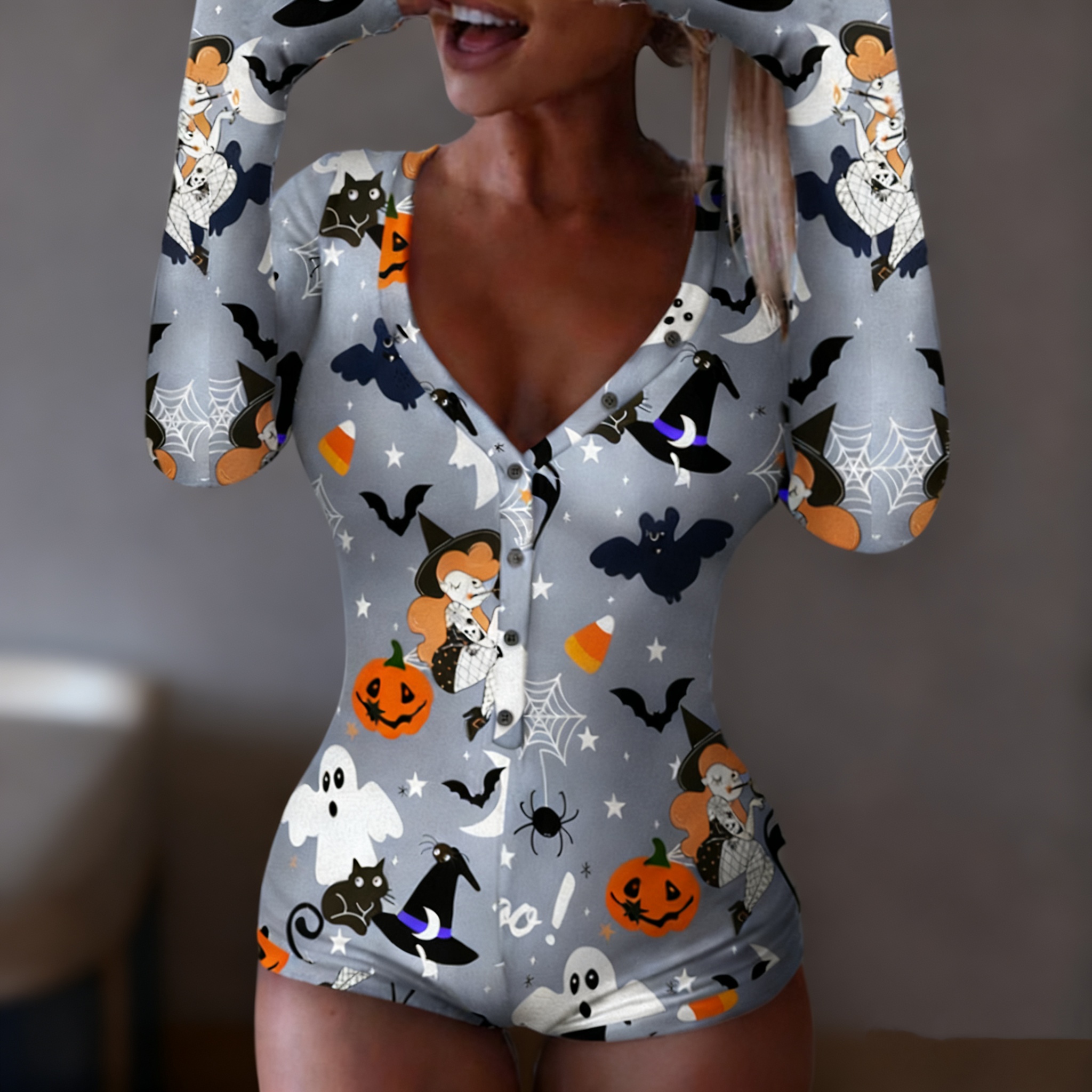 Halloween Print Long Sleeve Sexy V-Neck Button Bodysuit