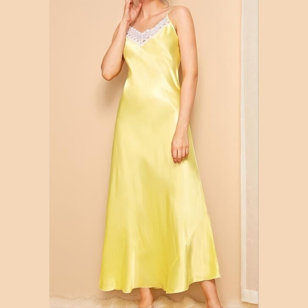 Solid Color Satin Spaghetti Strap Long Nightgown for Women - Sexy Lace Sleep Dress