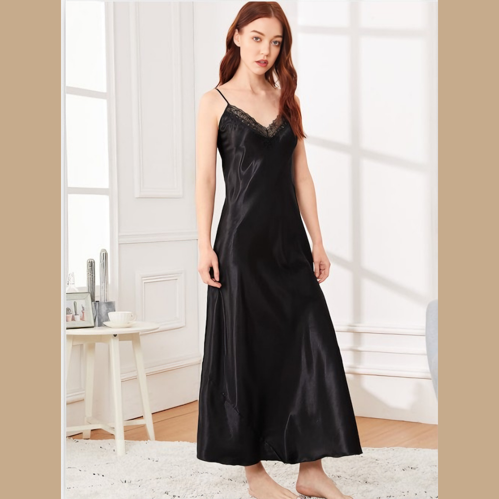 Solid Color Satin Spaghetti Strap Long Nightgown for Women - Sexy Lace Sleep Dress