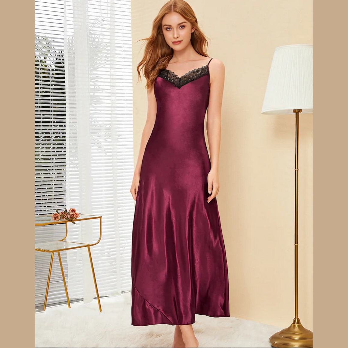 Solid Color Satin Spaghetti Strap Long Nightgown for Women - Sexy Lace Sleep Dress