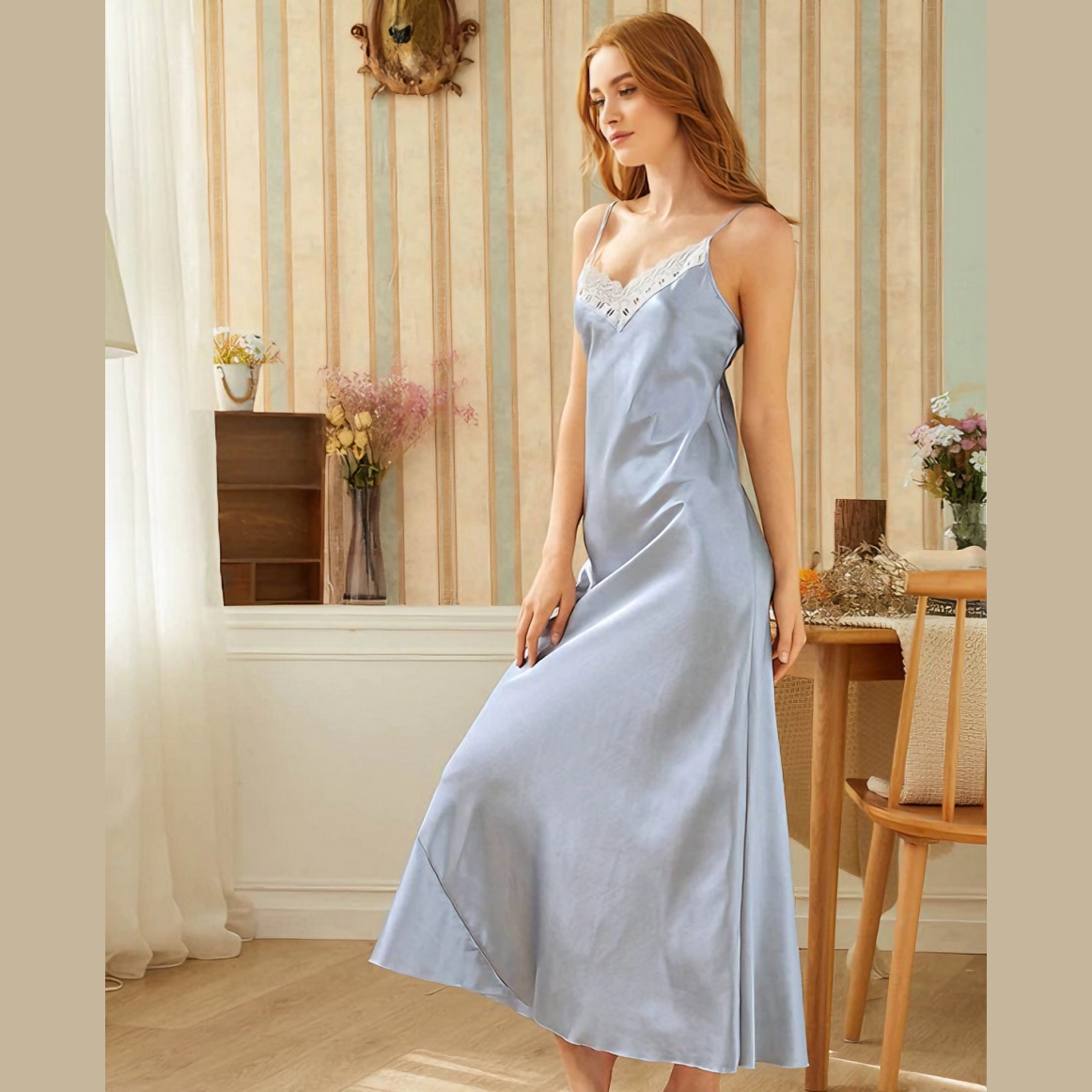 Solid Color Satin Spaghetti Strap Long Nightgown for Women - Sexy Lace Sleep Dress