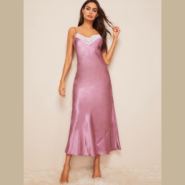 Solid Color Satin Spaghetti Strap Long Nightgown for Women - Sexy Lace Sleep Dress