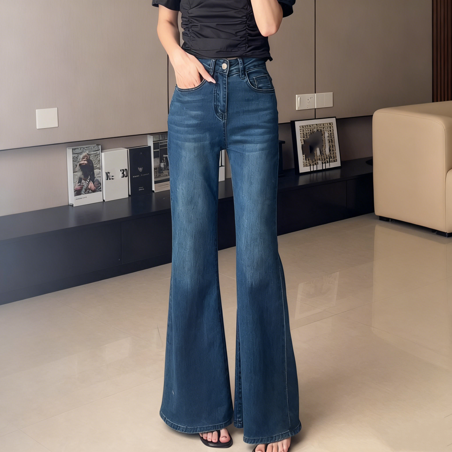 Women's Vintage High-Waisted Bootcut Wide-Leg Floor-Length Jeans