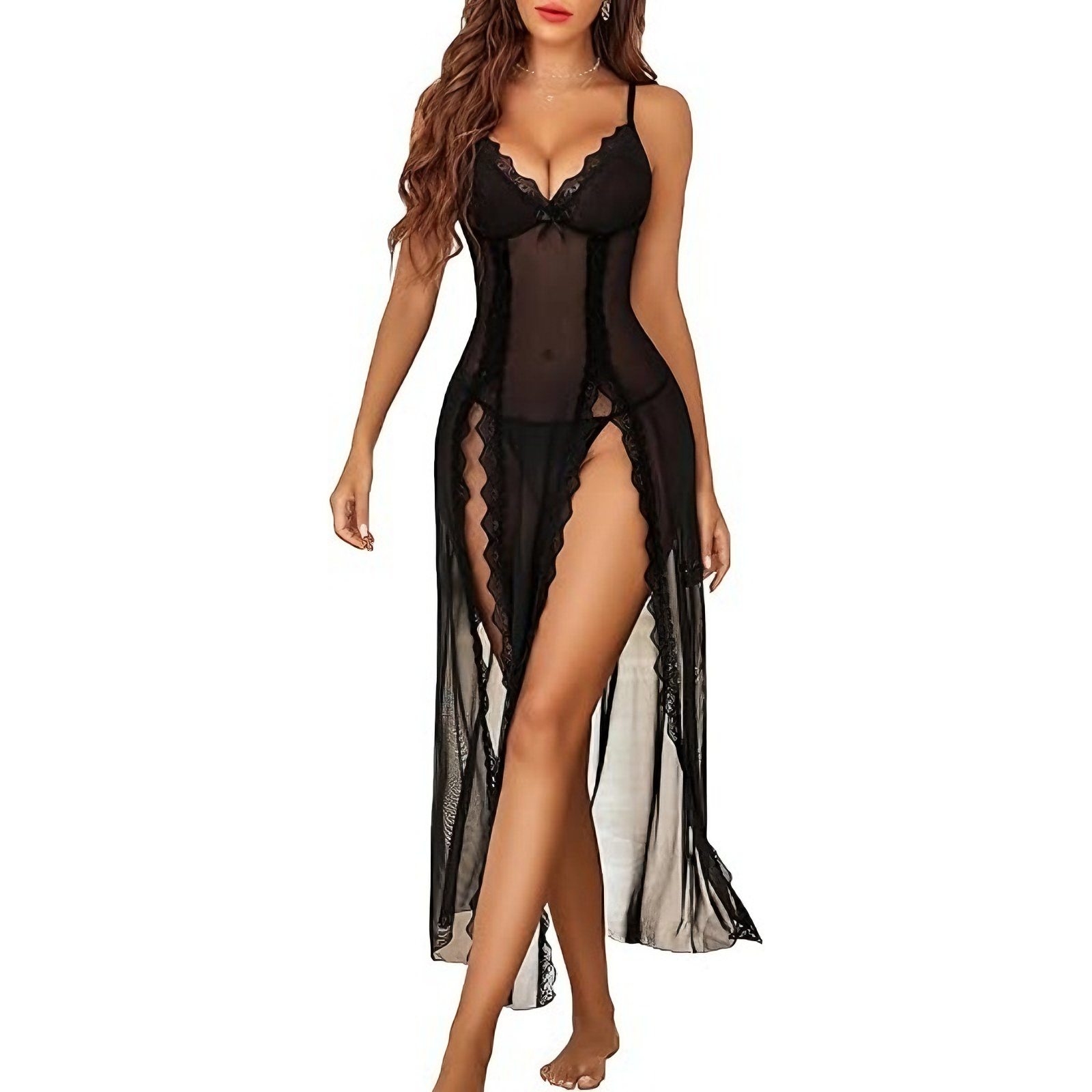 Sexy Sheer Mesh Strap Lace Plus Size Mature Women’s Nightgown