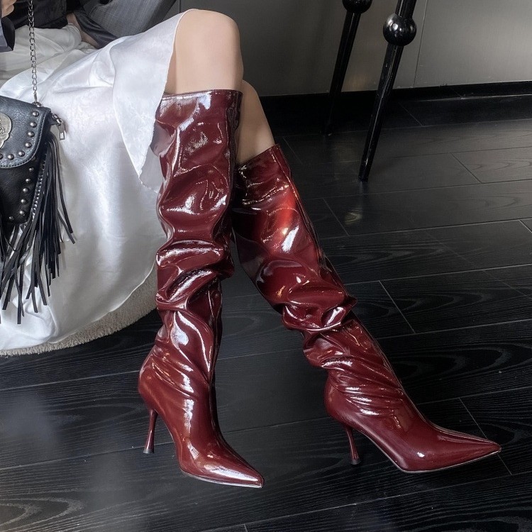 Women's Wide Calf Slouchy Pleated Over-the-Knee Boots Block Heel Platform Sole
