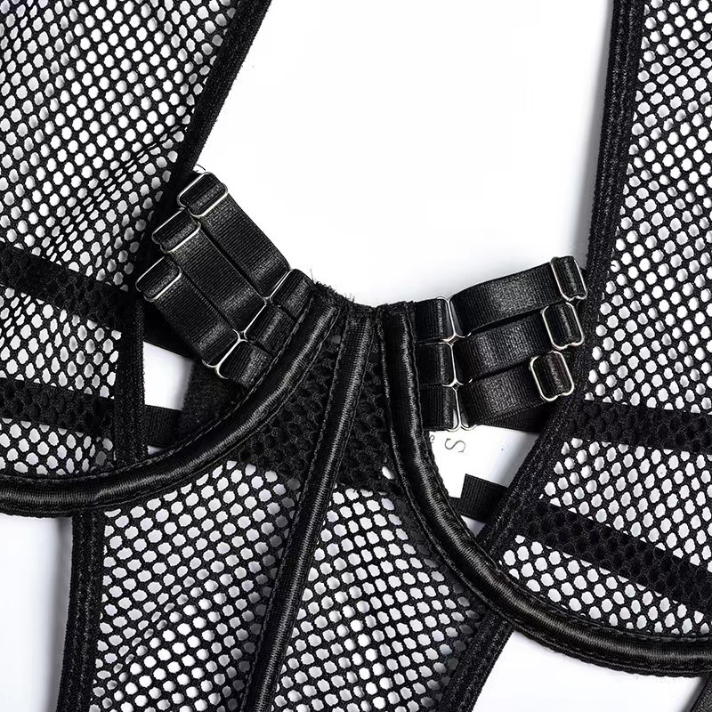 Seductive Sheer Bodysuit Lingerie with Lace Trim & Mesh Patchwork for Intimate Moments