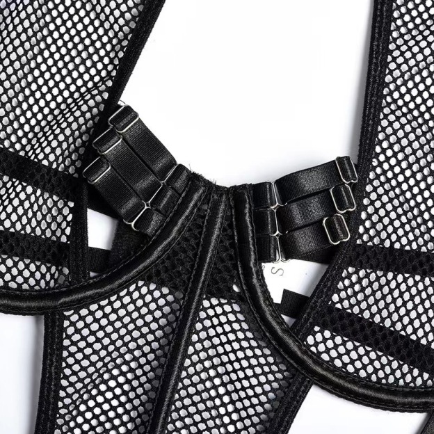 Seductive Sheer Bodysuit Lingerie with Lace Trim & Mesh Patchwork for Intimate Moments