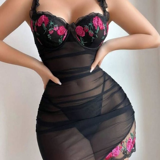 Lace & Rose Embroidery Slinky Bodycon Camisole Dress