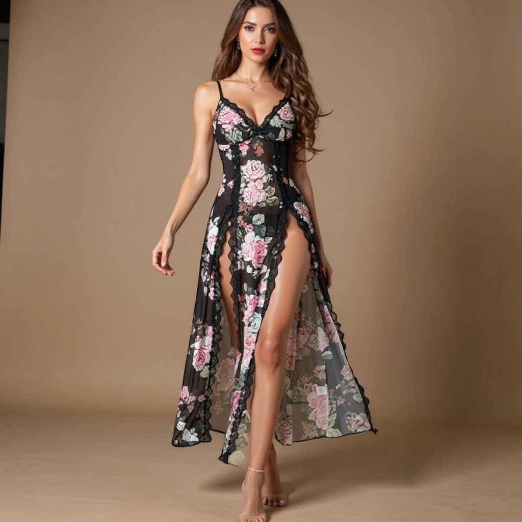 Ultra-Sexy Backless Mesh Print Camisole Sleepwear Set