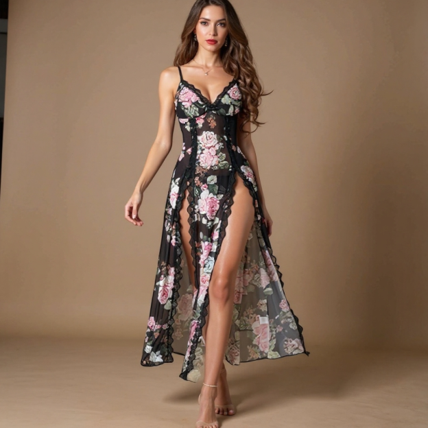 Ultra-Sexy Backless Mesh Print Camisole Sleepwear Set