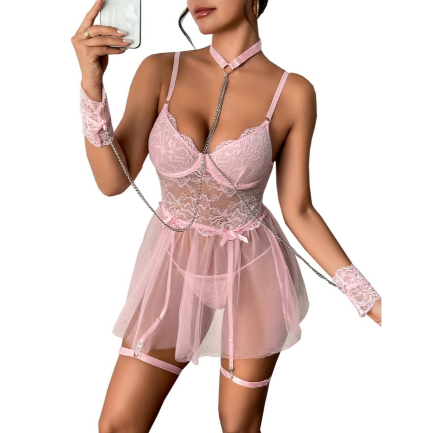 Lace Babydoll Lingerie Set for Women – Wire-Free Nightwear with Garter & Chain Detail | Sexy Sleepwear for Romantic Nights