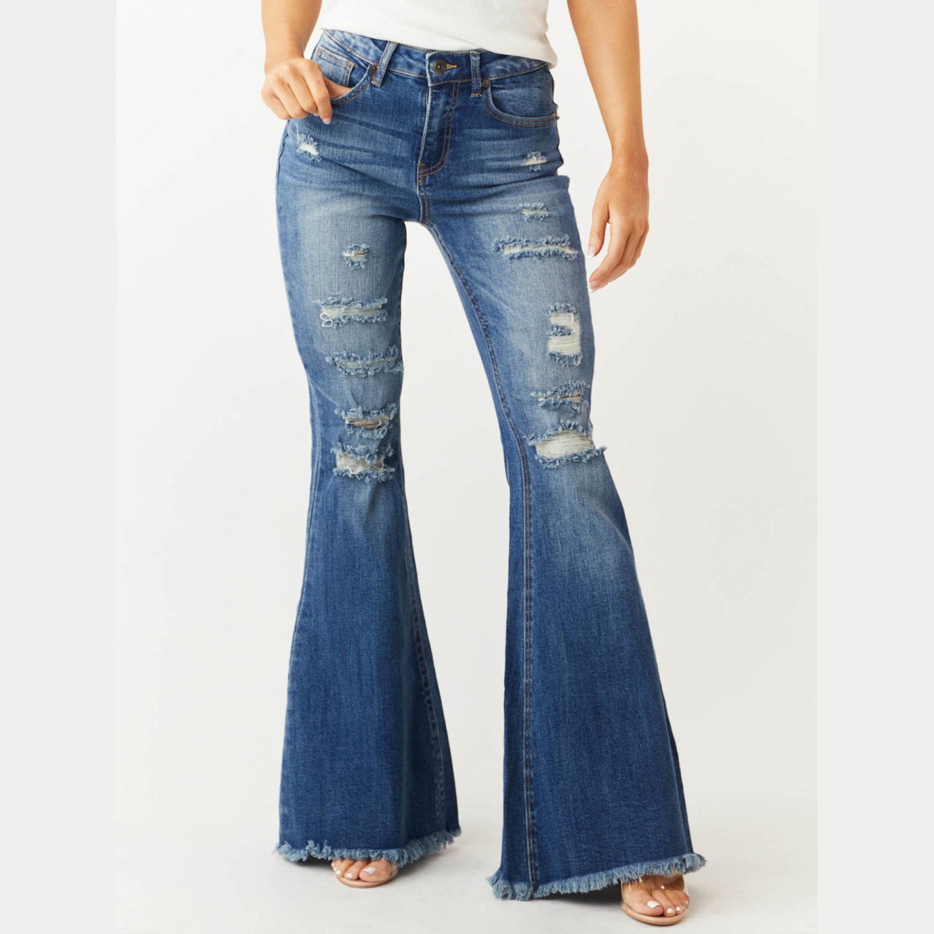 Women's Fall Winter Vintage High-Waisted Distressed Fringe Flare Jeans
