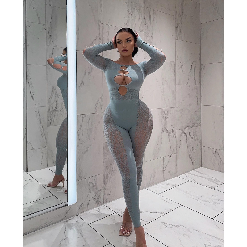 Leopard Sexy Jacquard Pearl Mesh Bodysuit