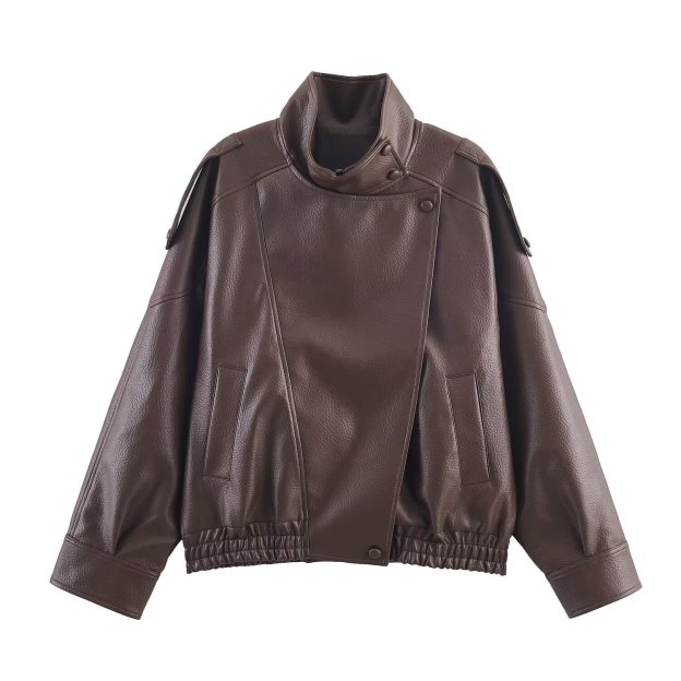 Winter New Vintage Streetwear Lychee Grain Leather Jacket for Women