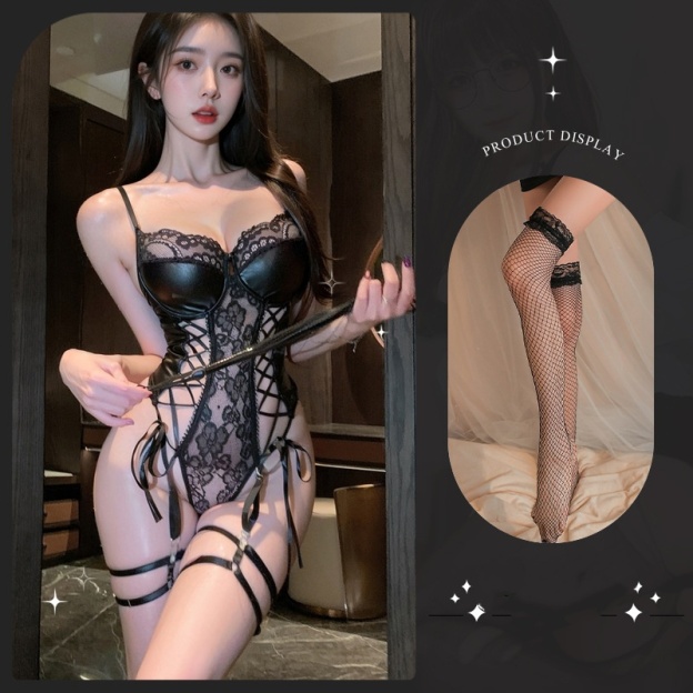 Tempting Fishnet & PU Leather Lingerie Bodysuit