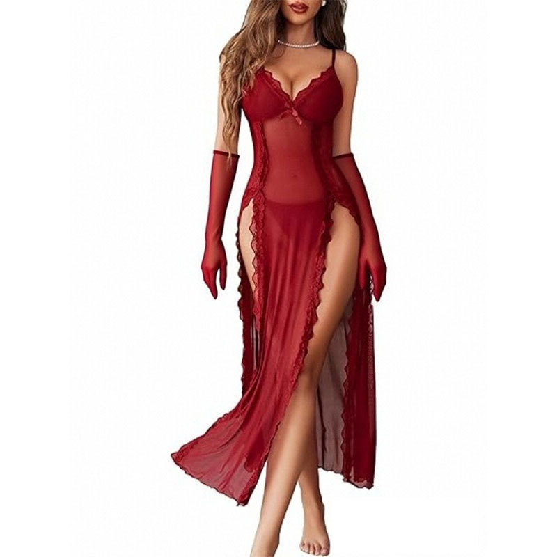 Sexy Sheer Mesh Strap Lace Plus Size Mature Women’s Nightgown