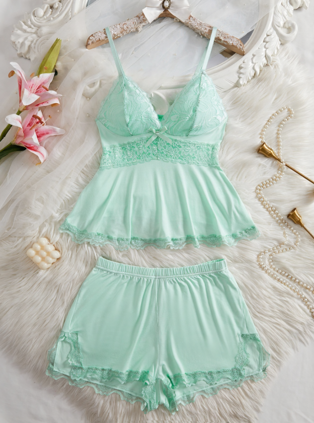 Ruby Lace Bow-Trimmed Peplum Pajama Set