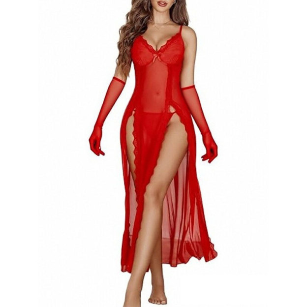 Sexy Sheer Mesh Strap Lace Plus Size Mature Women’s Nightgown