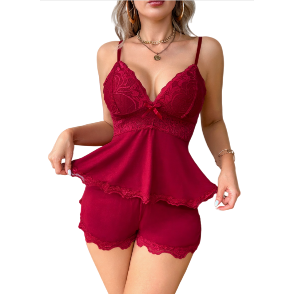 Ruby Lace Bow-Trimmed Peplum Pajama Set