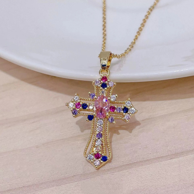 Luxurious Diamond-Inlaid Colored Gem Cross Necklace