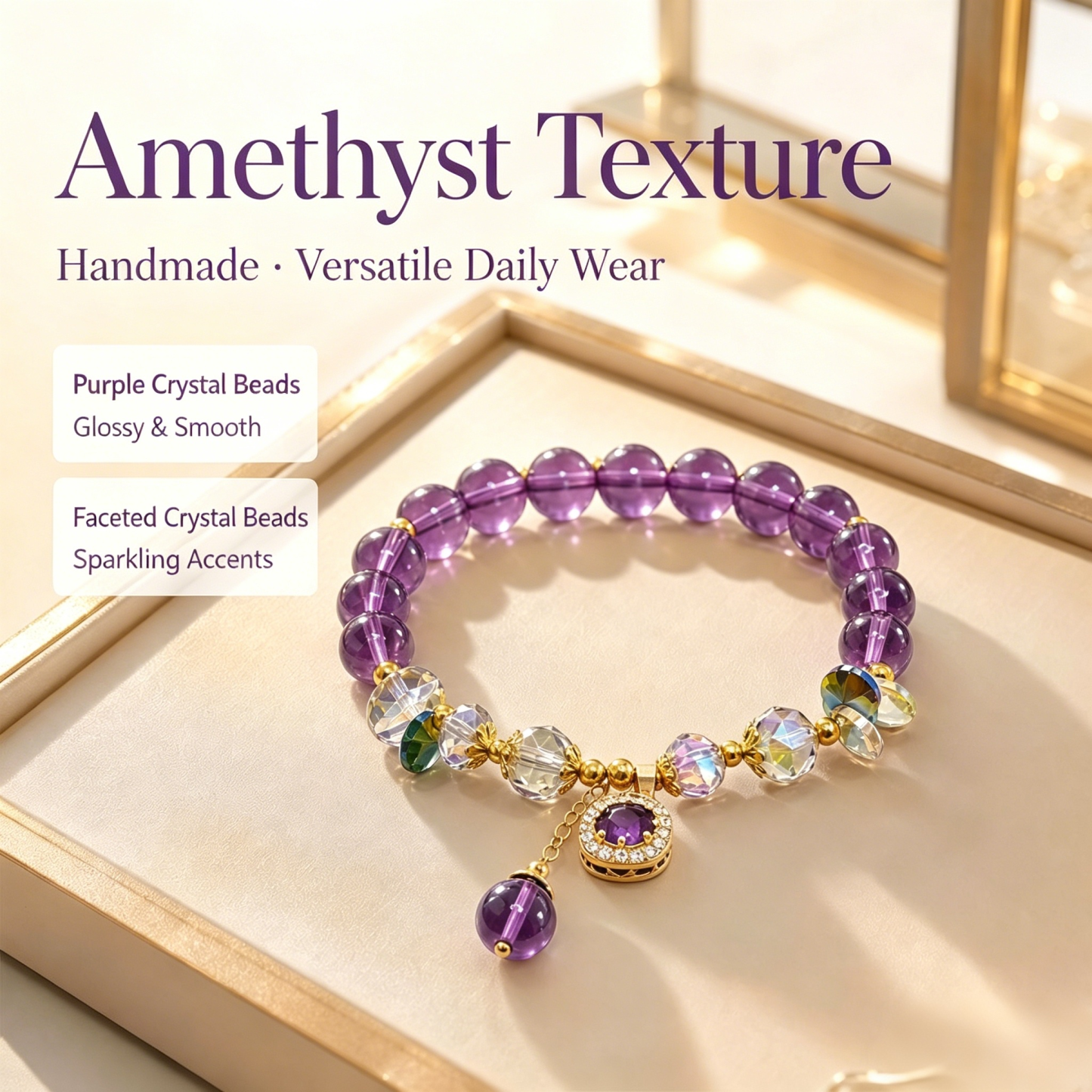 14K Gold Natural Uruguay Amethyst Handmade Beaded Bracelet