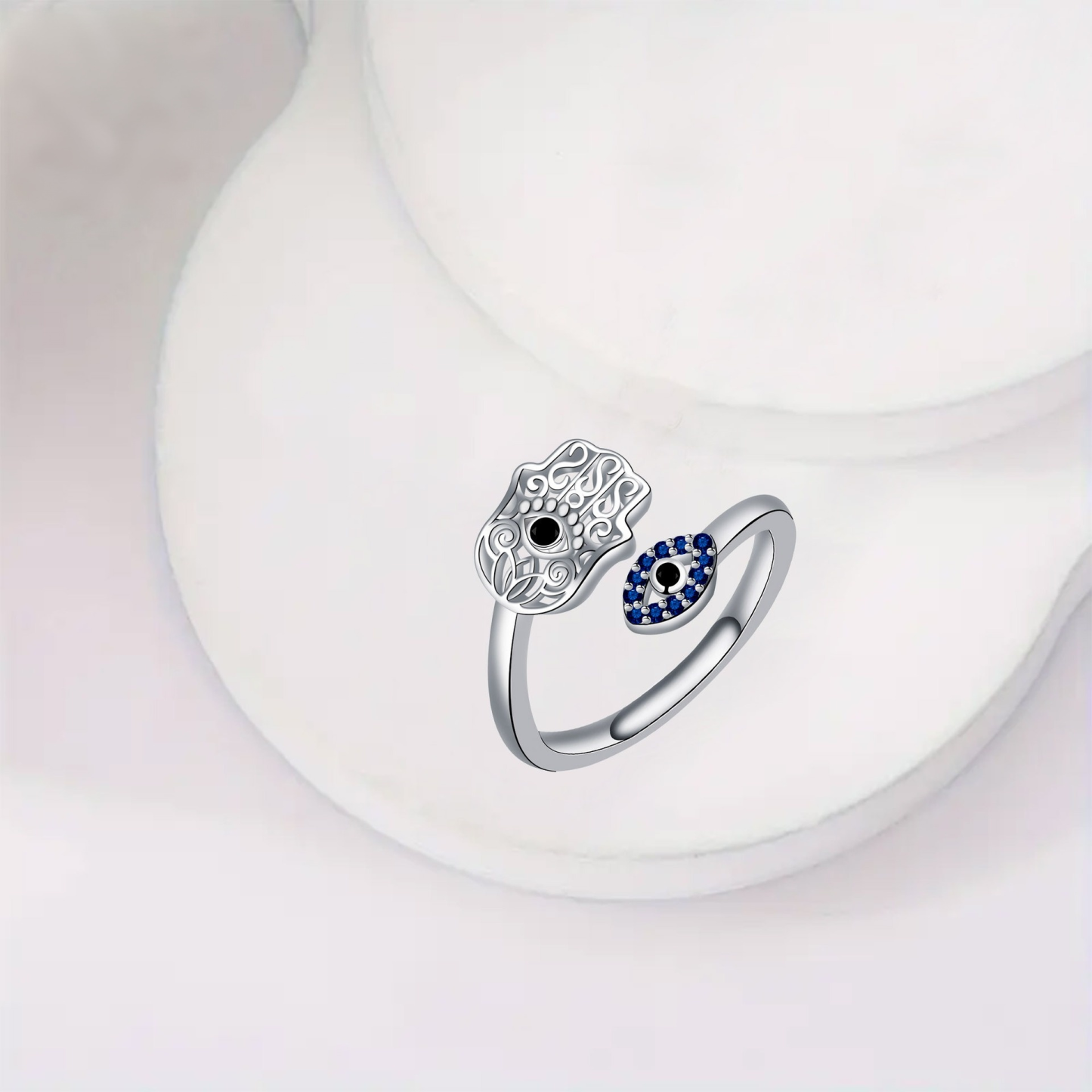 S925 Sterling Silver Hamsa Hand Evil Eye Open Ring