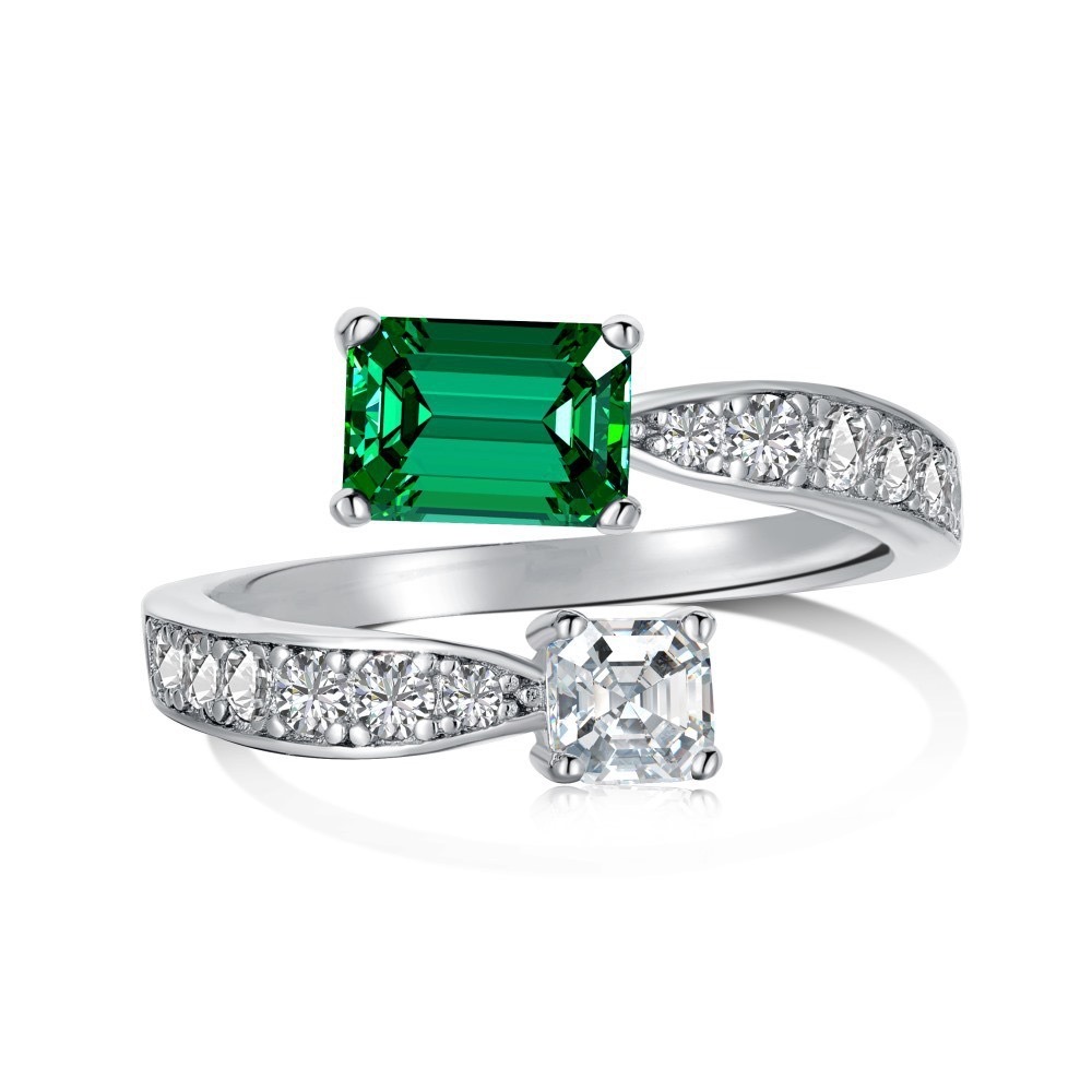 「Dual Stone Glow」Emerald & Asscher Cut Bypass Open Ring