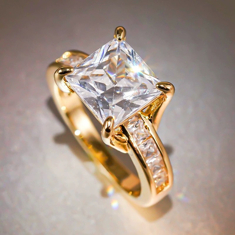 18K Gold Light Luxury Luxurious Two-Color Princess-Cut Main Diamond Full-Circle Diamond Ring