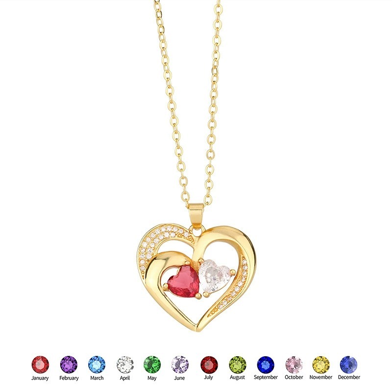 Personalisierte Herz-Halskette mit 2 Namena und 2 Herz-Geburtssteinen