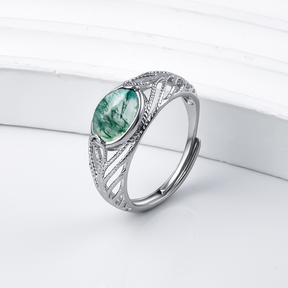 Natural Moss Agate S925 Sterling Silver Adjustable Ring 
