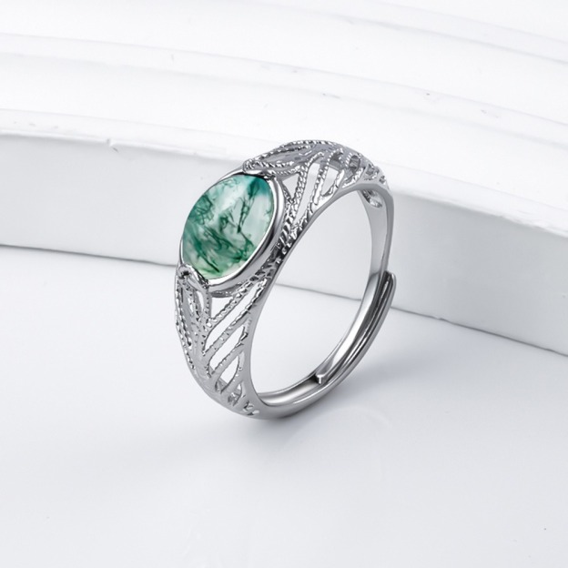 Natural Moss Agate S925 Sterling Silver Adjustable Ring 