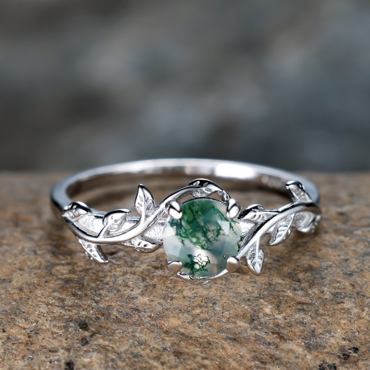 S925 Sterling Silver Natural Moss Agate Vine Ring