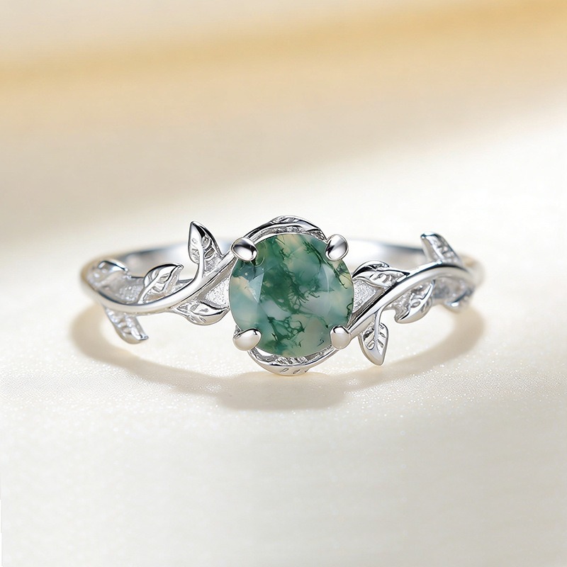 S925 Sterling Silver Natural Moss Agate Vine Ring