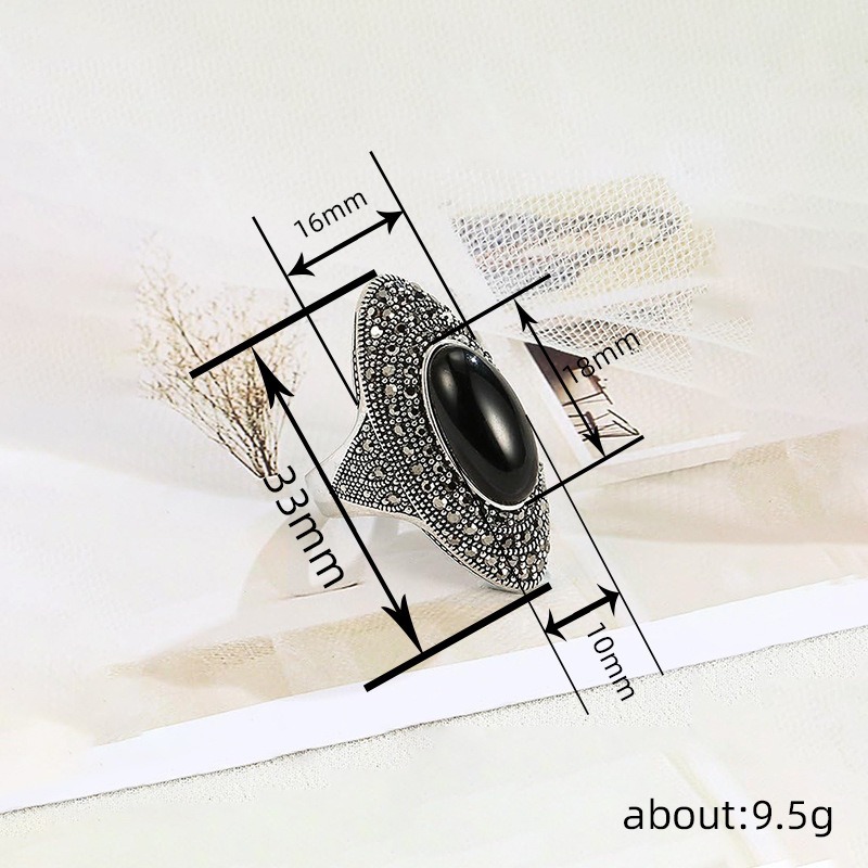 Bohemian Retro Baroque Black Gemstone Full-Pavé Ring