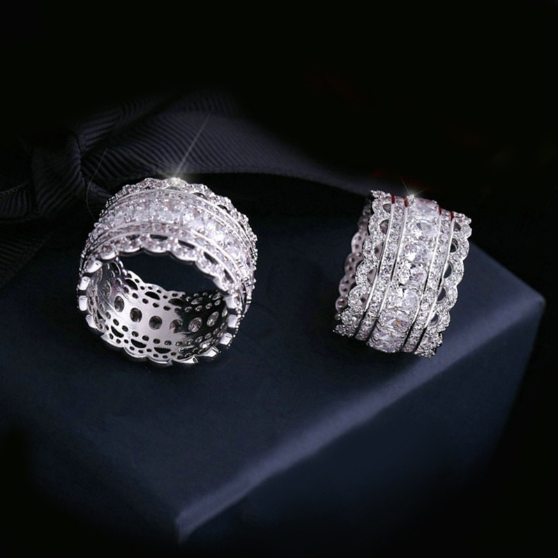 S925 Sterling Silver Multi-Row Pave CZ Wide Eternity Statement Ring