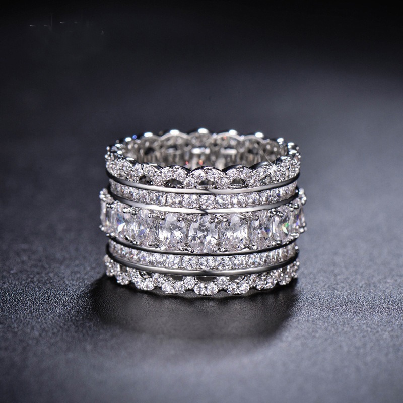 S925 Sterling Silver Multi-Row Pave CZ Wide Eternity Statement Ring