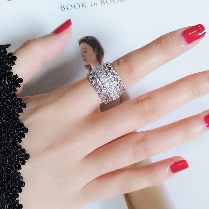 S925 Sterling Silver Multi-Row Pave CZ Wide Eternity Statement Ring