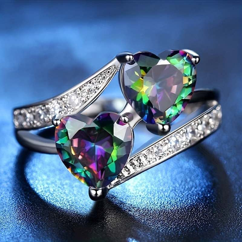 S925 Sterling Silver Double Heart Gemstone Ring