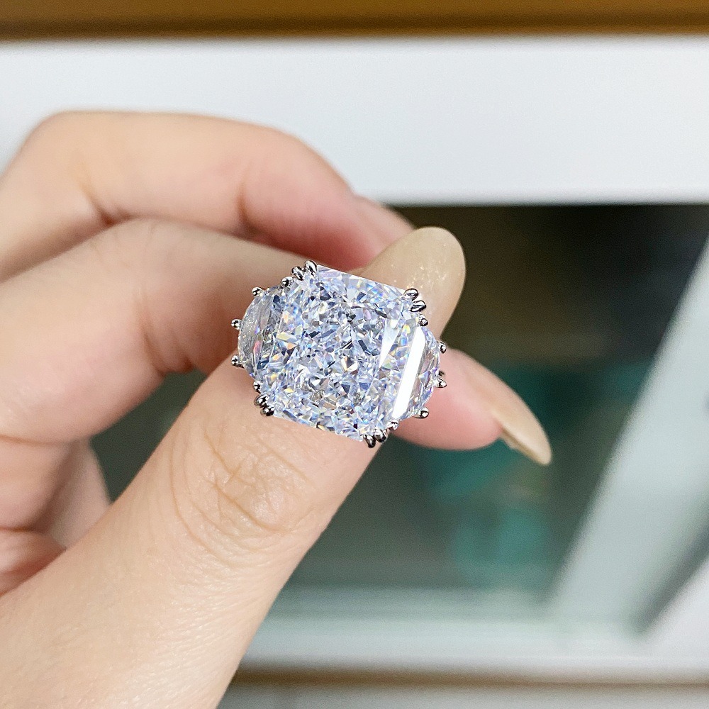 S925 Sterling Silver Radiant Cut Three Stone Ring, Cushion Simulated Diamond Statement Ring