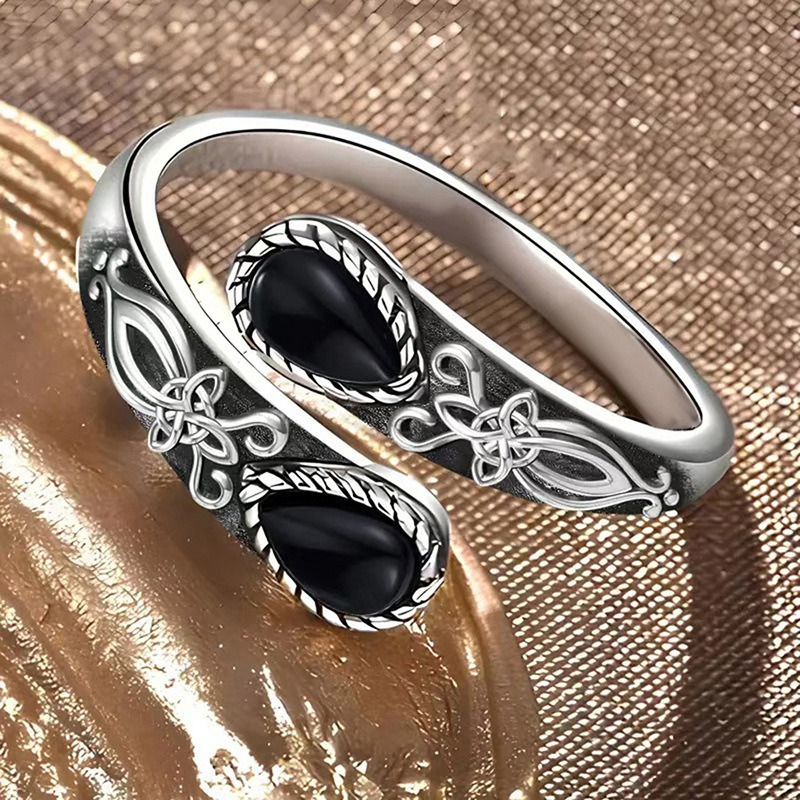 S925 Sterling Silver Obsidian Celtic Knot Open Ring
