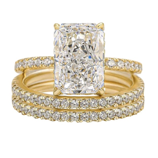 Radiant Princess-Cut Three-Piece Ring Set | Statement Center Ring with Double Pavé Stackable Bands
