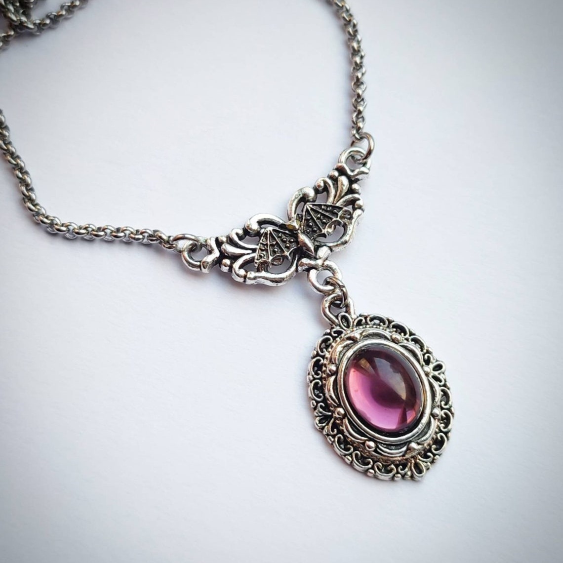 S925 Sterling Silver Vintage Ornate Witch Crystal Necklace