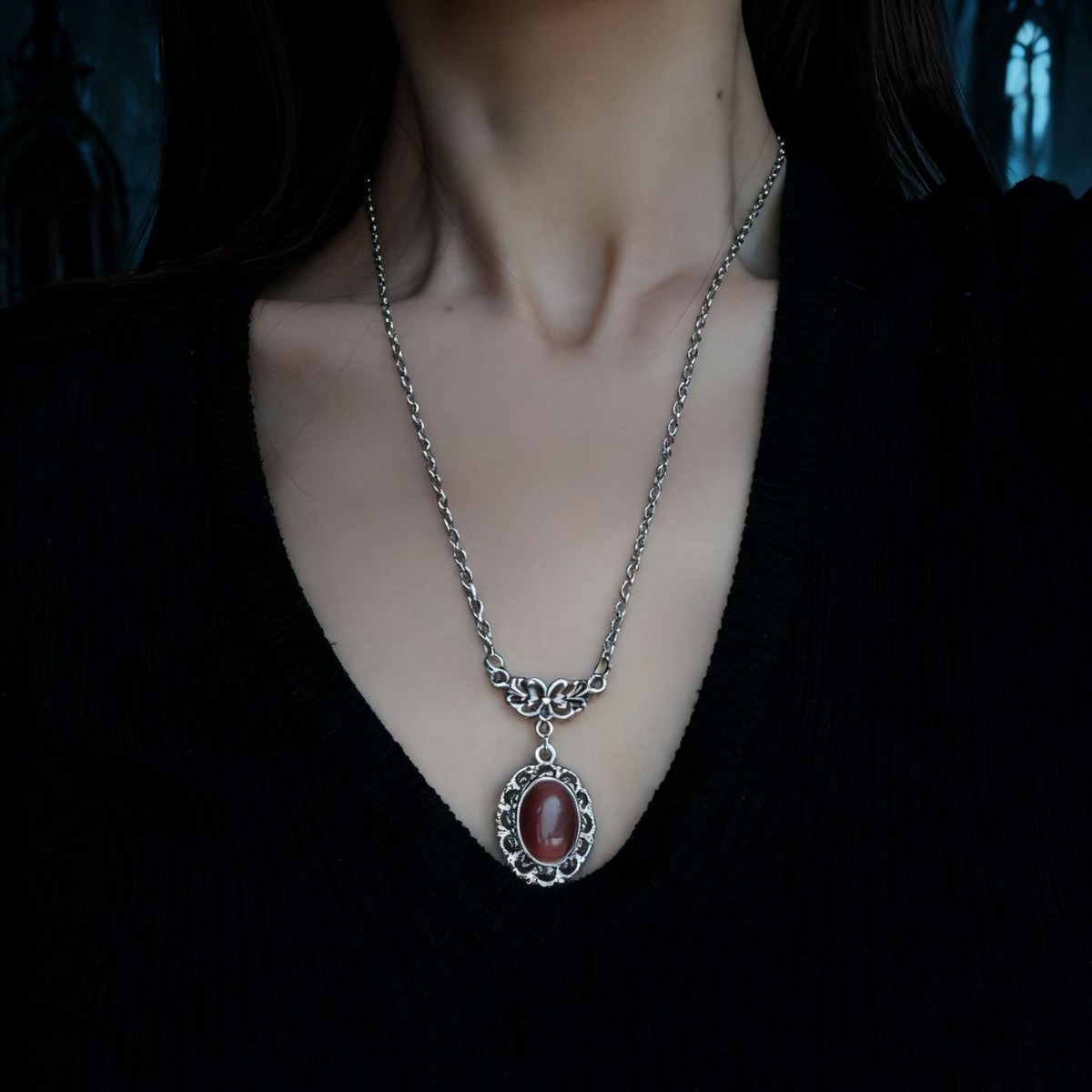 S925 Sterling Silver Vintage Ornate Witch Crystal Necklace