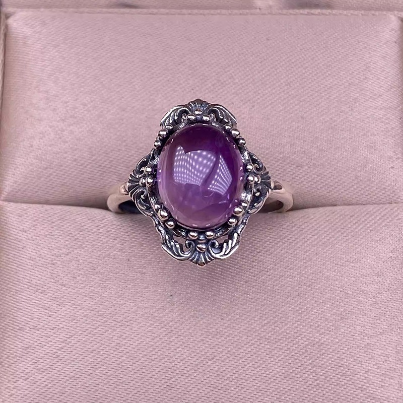 S925 Sterling Silver Oxidized Amethyst Cabochon Ring