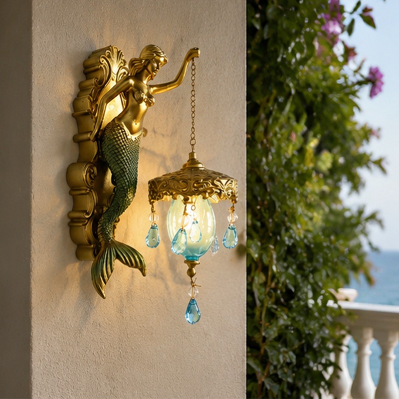 Vintage Resin Mermaid Lantern Wall Sconce