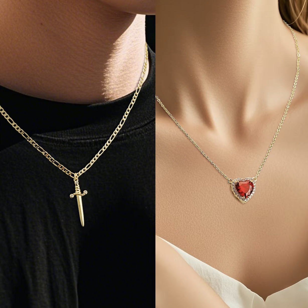 Sword - Heart Double - Layer Cuban Link Necklace (Gold/Silver, Multi - Gem Version)