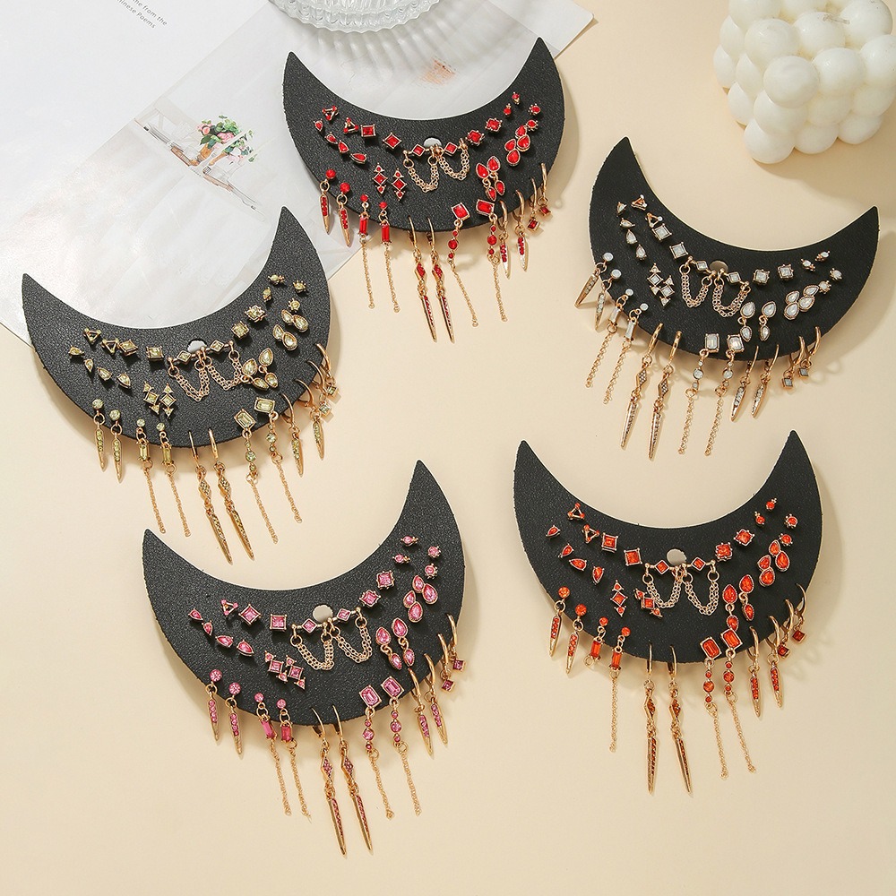 Crescent Color Geometric Tassel Multi-Piece Earring Set
