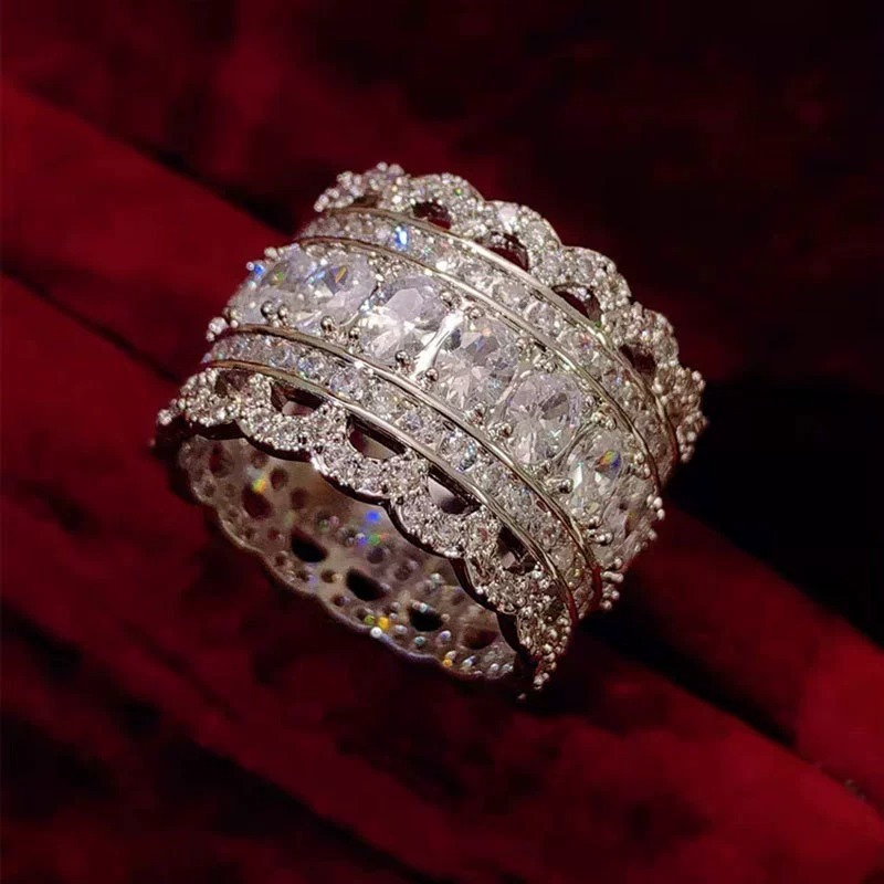 Luxury Multi-Row CZ 925 Sterling Silver Ring – Full Pavé Wide Band Design